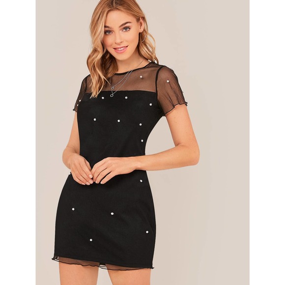 Lettuce Trim Pearl Beaded Mesh Overlay Dress black - Picture 1 of 3